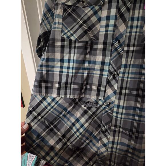 Mishka Mnwka Large Long Sleeve Button Up Plaid Gray Teal Blue Double Pocket - Picture 3 of 6